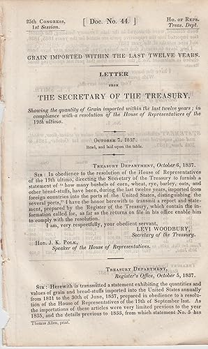 Seller image for Grain imported within the last twelve years. - Letter from the Secretary of the treasury, showing the quantity of Grain imported within the last twelve years ; in compliance with a resolution of the House of Representatives of the 19th ultimo. - 25th Congress. 1st Session. - Doc N 44. for sale by PRISCA