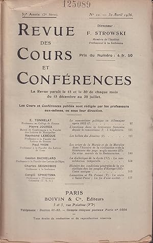 Seller image for Revue des Cours et Confrences. - 37 Anne (2 Srie) - N 10 - 30 Avril 1936. for sale by PRISCA