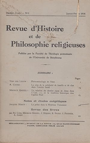 Bild des Verkufers fr Revue d'Histoire et de Philosophie religieuses. - Dixime anne - N 1 - Janvier-Fvrier 1930. zum Verkauf von PRISCA