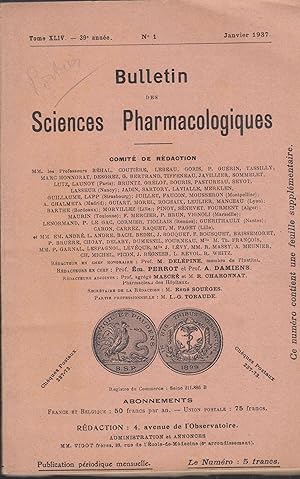 Bild des Verkufers fr Bulletin des Sciences Pharmacologiques - Tome XLIV - 39 anne - N 1 - Janvier 1937. zum Verkauf von PRISCA