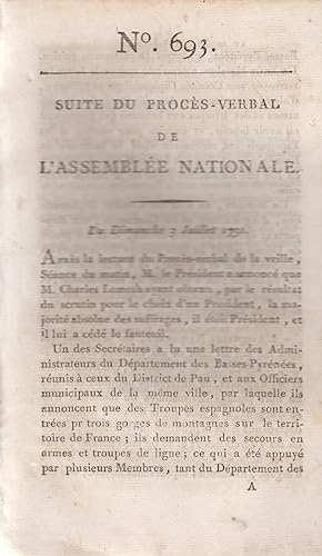 Bild des Verkufers fr Suite du Procs-Verbal de l'Assemble Nationale. - N 693 - Du Dimanche 3 Juillet 1791. zum Verkauf von PRISCA