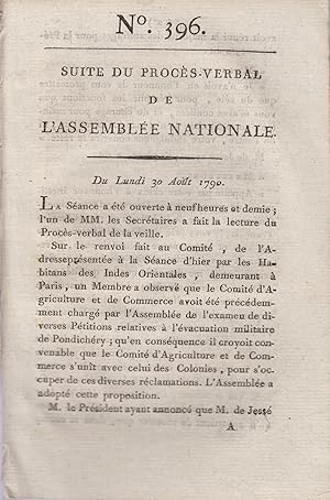 Bild des Verkufers fr Suite du Procs-Verbal de l'Assemble Nationale. - N 396 - Du Lundi 30 Aot 1790. zum Verkauf von PRISCA