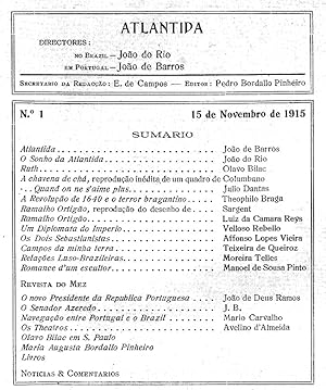 Imagen del vendedor de ATLNTIDA : Mensrio Artstico, Literrio e Social para Portugal e Brazil. Ano I N 1. 15 de Novembro de 1915 [Revista] a la venta por Lirolay