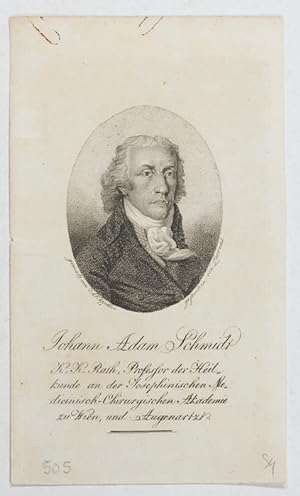 Bild des Verkufers fr Portrait, Brustbild im Oval, gemalt von J.A. Kapller, gestochen von Laurens, unten bezeichnet "Johann Adam Schmidt / K.K. Rath, Professor der Heilkunde an der Josephinischen Akademie zu Wien, und Augenarzt." zum Verkauf von Antiq. F.-D. Shn - Medicusbooks.Com