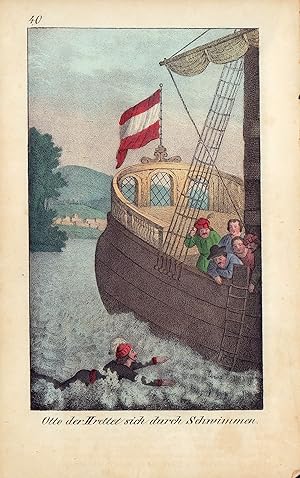 Bild des Verkufers fr Original Lithographie von 1832. Otto der II rettet sich durch Schwimmen. zum Verkauf von ANTIQUARIAT Franke BRUDDENBOOKS