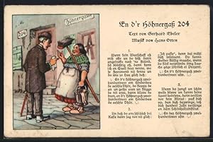 Lied-Ansichtskarte En d`r Höhnergass 204 von Gerhard Ebeler u. Hans Otten, ein Mann im Gespräch m...