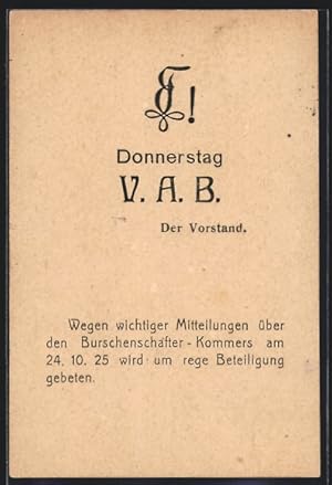 Bild des Verkufers fr Ansichtskarte Cassel, Donnerstag V.A.B., Wegen Mitteilungen ber Burschenschafter-Kommers am 24.10.25 wird um Beteiligung gebeten zum Verkauf von Bartko-Reher