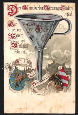 Lithographie Nürnberg, der Nürnberger Trichter vor einer Ortspartie, Wappen