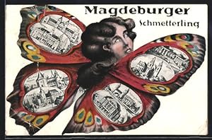 Schmetterling-Ansichtskarte Magdeburg, Fliegender Mensch mit Schmetterlingsflügeln und Ortsansich...