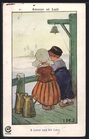 Künstler-Ansichtskarte I.M.J.: Amour et Lait, Kleines Holländerpaar