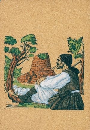Leder Künstler Ansichtskarte / Postkarte Mann in Tracht, Pfeife, Bäume, Turm