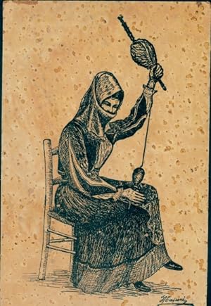 Leder Künstler Ansichtskarte / Postkarte Verschleierte Frau beim Spinnen