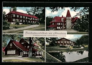 Ansichtskarte Simmershausen im Schocketal, Reinhardswaldschule mit dem Altersheim, am Teich