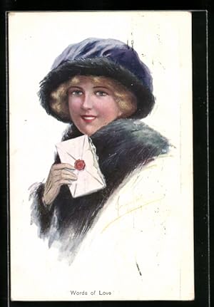 Bild des Verkufers fr Knstler-Ansichtskarte Words of Love, Junge Frau im Wintermantel mit Hut zum Verkauf von Bartko-Reher