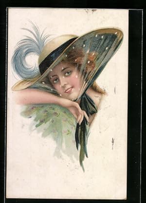 Lithographie Junge Frau mit Hut legt den Kopf auf den Arm