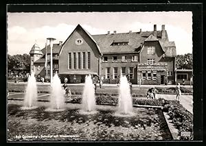 Ansichtskarte Bad Godesberg, Bahnhof mit Bahnhofs-Gaststätte und Wasserspielen