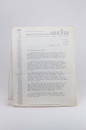 Seller image for Signed Copy of the Impeachment Resolution Adopted by the National Board of Directors of the American Civil Liberties Union in 1973 for sale by Babylon Revisited Rare Books