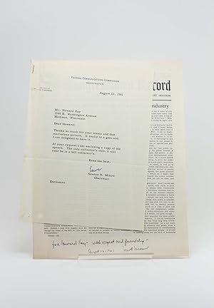 Immagine del venditore per Typed Letter Signed, Office of the Chairman of the FCC, and Signed Copy of the 'Television and the Public Interest' Speech from the 1961 Congressional Record venduto da Babylon Revisited Rare Books