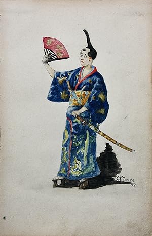 Aquarell, stehender Samurai mit Fächer