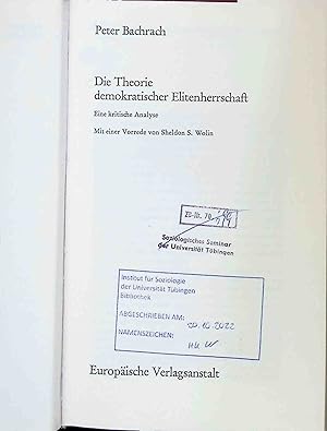 Seller image for Die Theorie demokratischer Elitenherrschaft : Eine krit. Analyse. Kritische Studien zur Politikwissenschaft for sale by books4less (Versandantiquariat Petra Gros GmbH & Co. KG)