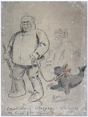 Image du vendeur pour Black ink and red wash caricature refering to the American Polar explorer, and dominantly depicting Ernest Shackleton. mis en vente par Henry Sotheran Ltd