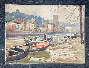 Veduta con barche dalla riva dell'Arno, a Firenze.
