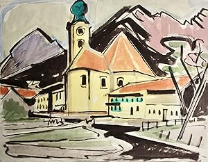 Aquarell, barocke Pfarrkirche St. Clemens, Eschenlohe