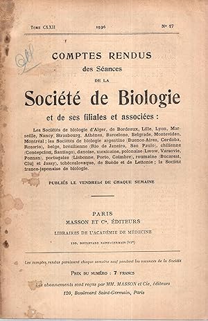 Immagine del venditore per Comptes Rendus des Sances de la Socit de Biologie et de ses filiales et associes : Les Socits de biologie d'Alger, de Bordeaux, Lille, Lyon, Marseille, Nancy, Strasbourg, Athnes, Barcelone, Belgrade, Montevideo, Montral ; les Socits de biologie argentine (Buenos-Aires, Cordoba, Rosario), belge, brsilienne (Rio de Janeiro, Sao Paulo), chilienne (Concepcion, Santiago), danoise, mexicaine, polonaise (Lwow, Varsovie, Poznan), portugaise (Lisbonne, Porto, Coimbre), roumaine (Bucarest, Cluj et Jassy), tchcoslovaque, de Sude et de Lettonie ; la Socit franco-japonaise de biologie. - Tome CXXII - N 17 venduto da PRISCA