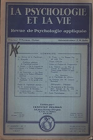 Seller image for La Psychologie et la Vie. Revue de Psychologie applique.- 1 Anne - N 7 - Septembre 1927 for sale by PRISCA