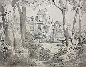 Bild des Verkufers fr Aquarell, Schloss mit Park zum Verkauf von Dr. Cornelia Friedrichs