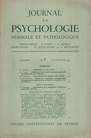 Bild des Verkufers fr Journal de Psychologie Normale et Pathologique. - 46 Anne - N 1 - Janvier/Mars 1953 zum Verkauf von PRISCA
