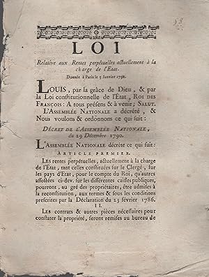 Bild des Verkufers fr Loi relative aux Rentes perptuelles actuellement  la charge de l'tat. - Donne  Paris le 5 Janvier 1791. zum Verkauf von PRISCA