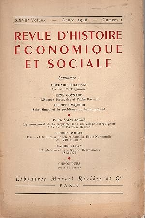 Image du vendeur pour Revue d'Histoire conomique et Sociale - XXVII Volume - N 1 mis en vente par PRISCA