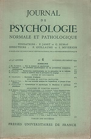 Bild des Verkufers fr Journal de Psychologie Normale et Pathologique. - 47-51 Anne - N 4 - Octobre/Dcembre 1954 zum Verkauf von PRISCA