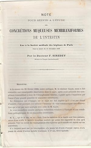 Imagen del vendedor de Note pour servir  l'tude des Concrtions Muqueuses Membraniformes de l'intestin. - Lue  la Socit mdicale des hpitaux de Paris, dans la sance du 11 Dcembre 1868. a la venta por PRISCA