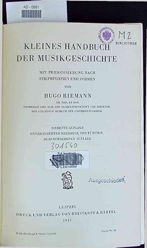 Seller image for Kleines Handbuch der Musikgeschichte. mit Periodisierung nach Stilprinzipien und Formen for sale by Antiquariat Bookfarm