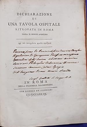 Imagen del vendedor de Dichiarazione di una tavola ospitale ritrovata in Roma sopra il monte Aventino a la venta por Libreria Anticuaria Camino de Santiago