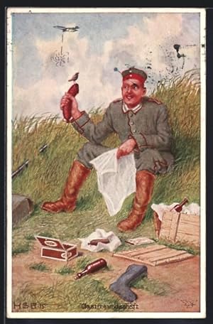 Seller image for Knstler-Ansichtskarte H.S.B.: Gastfreundschaft, Soldat hlt eine Wurst, auf der ein Vogel sitzt for sale by Bartko-Reher