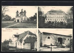 Ansichtskarte Freyhan i. Schlesien, Schloss, Kirche, Kehrer`s Weinstuben