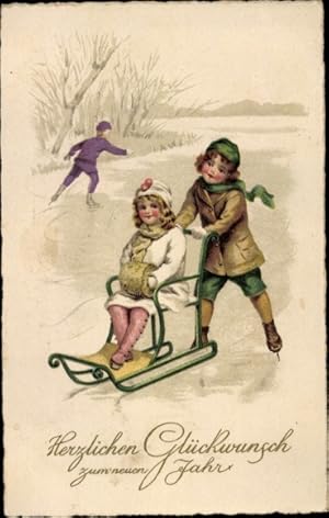 Ansichtskarte / Postkarte Glückwunsch Neujahr, Kinder mit Schlitten beim Eislaufen