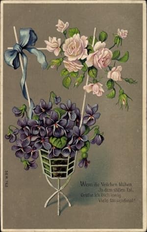 Ansichtskarte / Postkarte Veilchen und Rosen, Kitsch