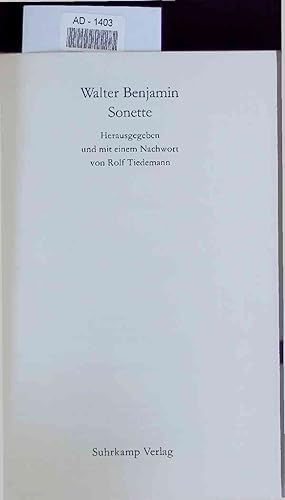 Image du vendeur pour Walter Benjamin. Sonette. mis en vente par Antiquariat Bookfarm