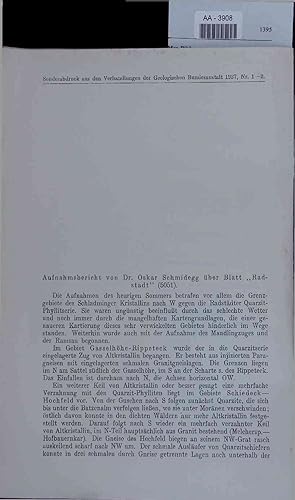 Bild des Verkufers fr Aufnahmebericht von Dr. Oskar Schmidegg ber Blatt "Radstadt". AA-3908. Sonderabdruck aus dem Verhandlungen der Geologischen Bundesanstalt 1937, Nr. 1-2 zum Verkauf von Antiquariat Bookfarm