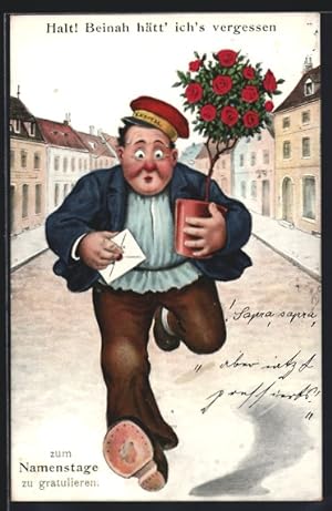 Bild des Verkufers fr Knstler-Ansichtskarte Willi Scheuermann: Beinahe htt' ich's vergessen!, Mann rennt mit Karte und Blumentopf zum Verkauf von Bartko-Reher