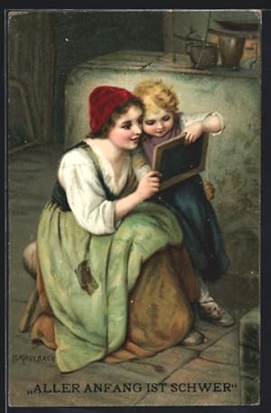 Bild des Verkufers fr Knstler-Ansichtskarte Hermann Kaulbach: Aller Anfang ist schwer, Kind lernt Lesen zum Verkauf von Bartko-Reher