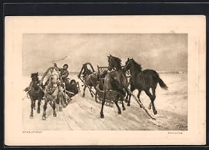 Bild des Verkufers fr Knstler-Ansichtskarte sign. Kovalevsky: Pferdeschlitten begegnen sich zum Verkauf von Bartko-Reher