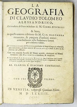 Imagen del vendedor de La Geografia, gi tradotta di Greco in Italiano da M. Giero. Ruscelli: & hora in questa nuova editione da M. Gio. Malombra ricorretta. a la venta por Libreria Antiquaria Gonnelli