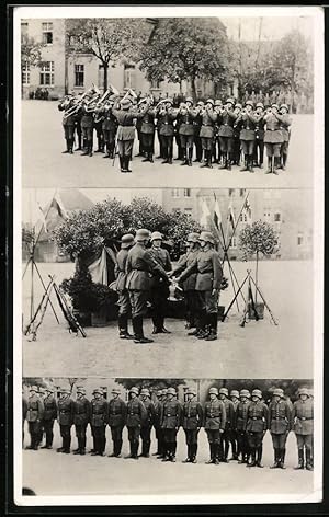 Bild des Verkufers fr Fotografie Reichswehr Vereidigung, Soldaten mit Stahlhelm M18 schwren Fahneneid zum Verkauf von Bartko-Reher