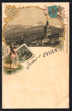 Lithographie Evian, vue partielle der Stadt avec Bergen, armoiries