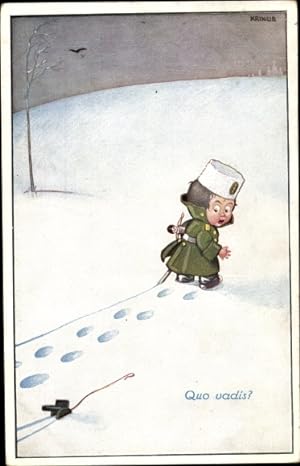 Künstler Ansichtskarte / Postkarte Kriwus, Quo vadis, Kind als Soldat, Schnee, Spielzeuggeschütz